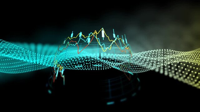 Teal wave entering left causing 3D grid ticks unfolding lines rising candles pulsing showing trends