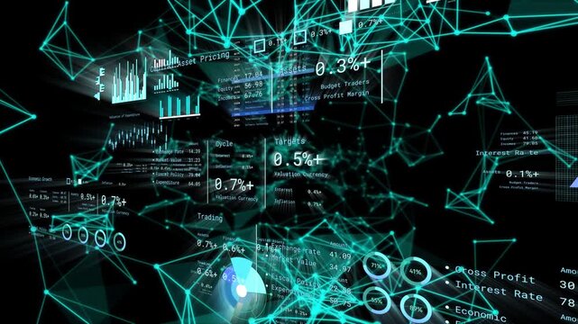 Flythrough starting, teal node web advancing, panels shifting, values shifting to show analytics