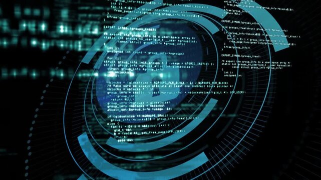 Code and nodes starting radial HUD forming, aligning rings, revealing padlock, signaling security