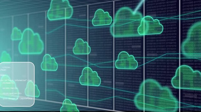 Binary column starting clouds clustering, neon lines linking overlays, waves sweeping to show data