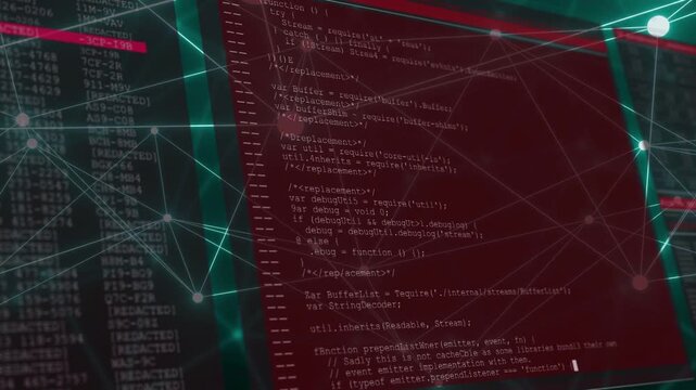 Red panels sliding right causing zooming, code panel scrolling, network pulsing, showing code focus