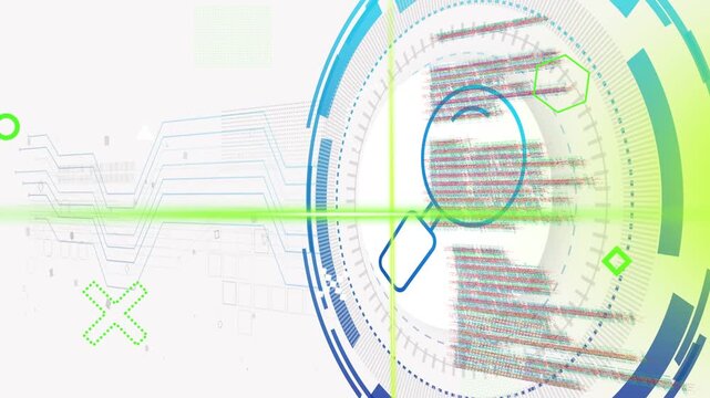 Green scanline crossing magnifier HUD rotating pulsing glitching settling revealing blurred code