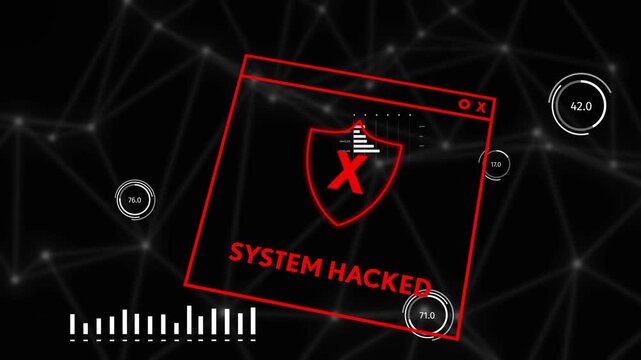 Glitching red UI window with shield X rotating showing SYSTEM HACKED meters pulsing signaling alarm