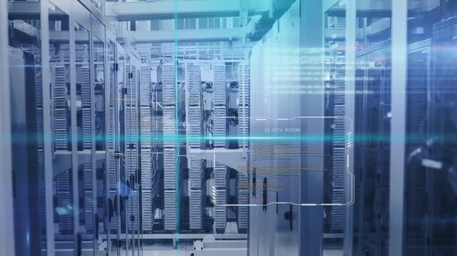 Central server racks seeing turquoise sweep starting HUD scan, camera moving forward showing status