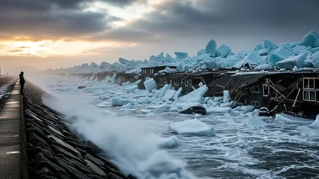 Ice tsunami disaster destroying coastal homes with massive ice blocks and a lone observer on a stone embankment representing climate change and extreme weather