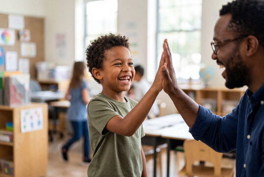 Happy young student high fiving male teacher in classroom after successful achievement