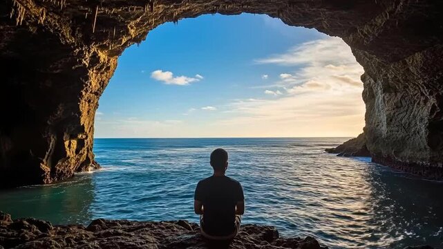 Solitary man meditating inside a sea cave overlooking the ocean, concept of mindfulness, mental health, inner peace, solitude, and spiritual connection with nature