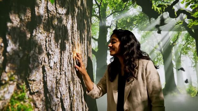 Woman experiences virtual forest environment