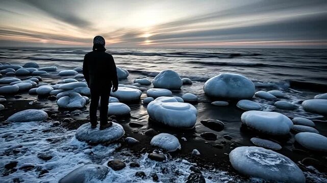 Solitary man standing on frozen beach with ice boulders at sunset, winter landscape photography, concept of isolation, climate change, and nature exploration