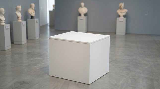 White pedestal displays objects in museum gallery