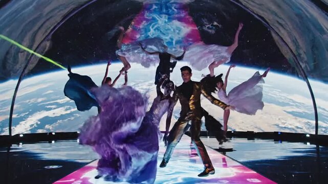 Dancers in elaborate costumes performing in surreal space environment