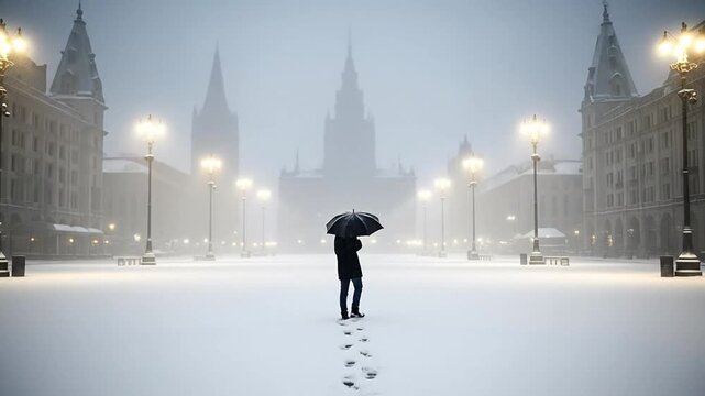 Lone man walking with umbrella through snowy city square at night, cinematic urban winter solitude, solitary person in cold weather, atmospheric cityscape with street lights