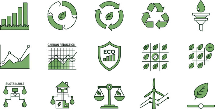 Green business sustainability and carbon reduction icon set featuring eco friendly recycling symbols wind energy data charts and environmental conservation graphics