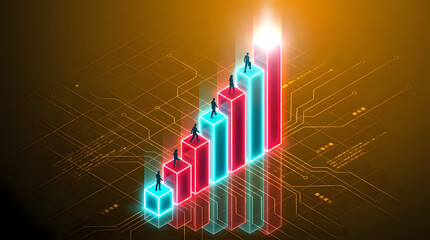 Fototapeta premium People climbing glowing holographic bar graph representing financial growth and success in digital workspace