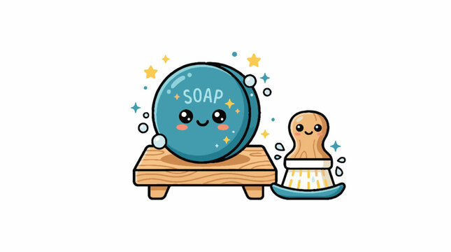 Cute kawaii bar of soap on a wooden dish with a scrub brush, surrounded by bubbles and sparkles, in a cheerful vector illustration