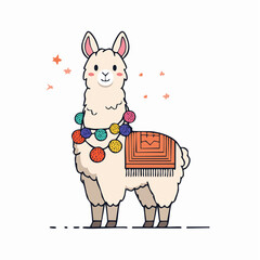 Naklejka premium Cute Cartoon Llama with Colorful Pom-Pom Garland and Blanket