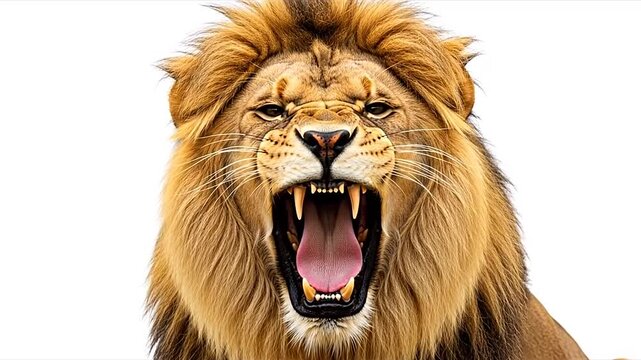 Close up of roaring male lion isolated on white.