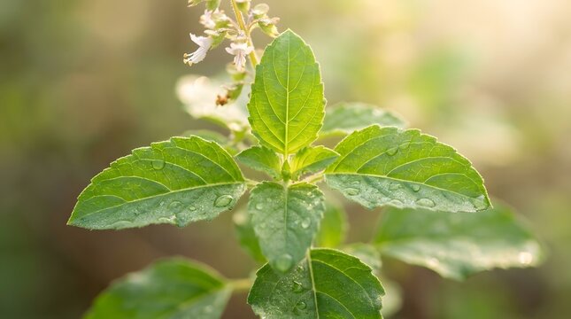 Macro of Fresh Holy Basil Tulsi Plant Leaves with Dew Drops