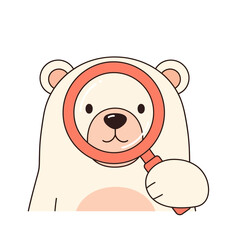 Fototapeta premium Cute kawaii polar bear character holding a red magnifying glass up to its eye for inspection or search, minimalist vector illustration on a plain white background for web design.