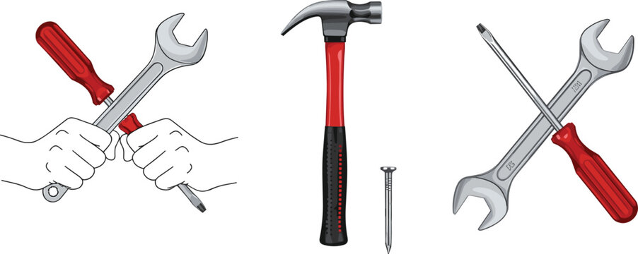 Hand tools set with hammer wrench screwdriver and nails isolated vector illustration for construction repair and maintenance design