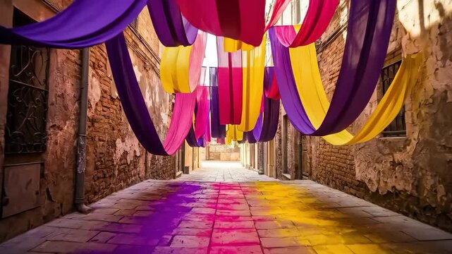 Narrow alleyway decorated with vibrant hanging fabrics and colorful powder dust for festive celebration, street art installation concept for cultural events