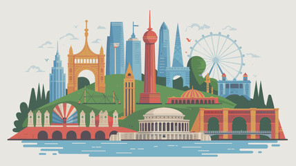 Naklejka premium A vibrant vector illustration showcasing a collection of famous global city landmarks and modern skyscrapers on a hill by a river, in a flat design style.