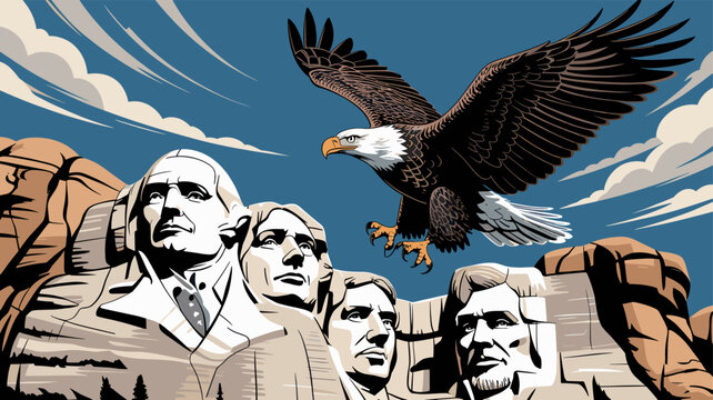 An illustrative depiction of Mount Rushmore featuring the carved faces of four US presidents with a majestic bald eagle soaring in the sky above.