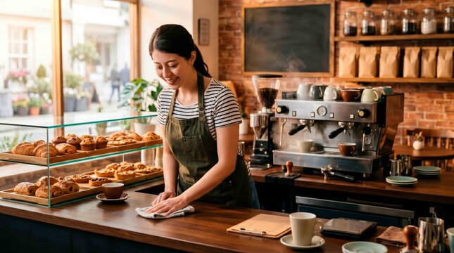 Smiling barista cleaning counter in cozy cafe with pastries and coffee machine