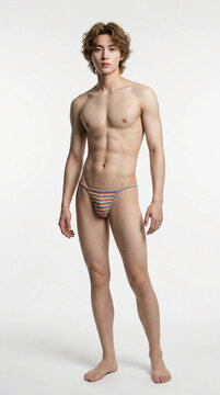 Full length studio portrait of a fit young Asian man in rainbow pride string bikini underwear on Isolated background. Concepts: LGBTQ+ rights, male fitness, and men's fashion.