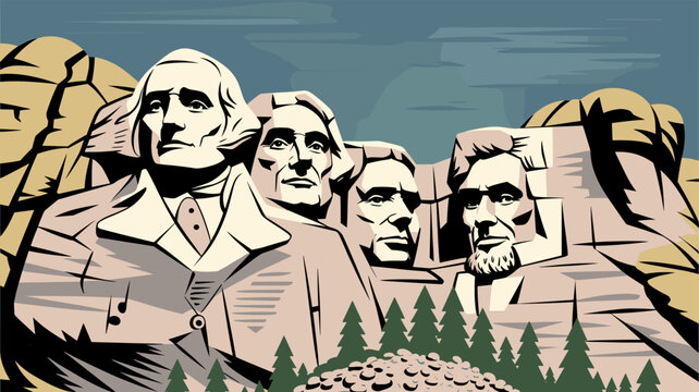 An artistic illustration of Mount Rushmore National Memorial featuring the carved faces of four U.S. presidents.