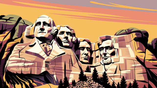 Majestic Mount Rushmore National Memorial featuring carved presidential faces against a vibrant sunset sky and rugged mountain landscape.