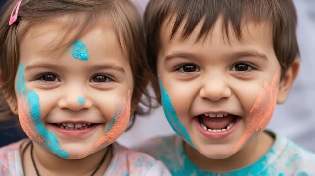 Two Happy Toddlers with Colorful Powder on Faces Celebrating Spring Festival Concept Portrait of Diverse Young Children Smiling Joyfully for Cultural Celebration