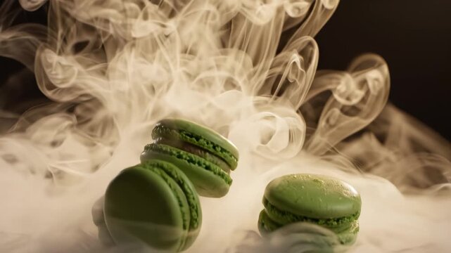 Green macarons suspended in smoke ideal for sleek commercial backgrounds and title sequences