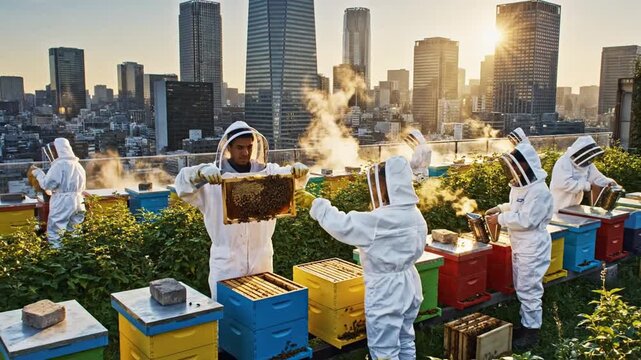 Beekeepers tending beehives on city rooftop at sunset