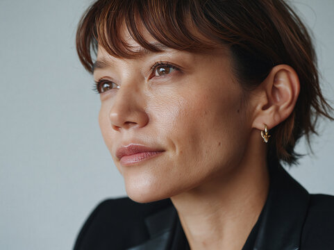 Young woman portrait with short hair and thoughtful expression wearing small hoop earring and dark blazer, cinematic close up, natural skin texture, soft lighting