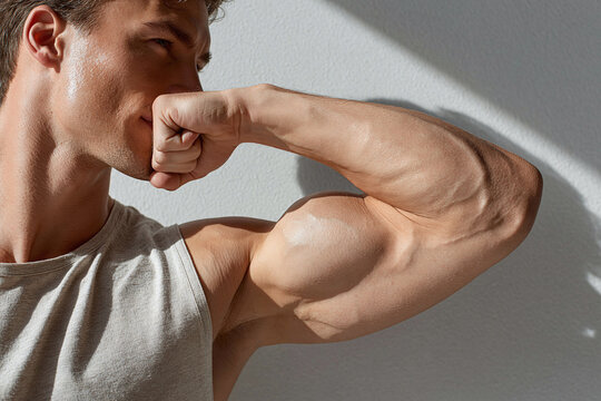 Male arm muscular arm bicep sunlit skin flexing arm toned arm male torso sleeveless shirt natural light shadow