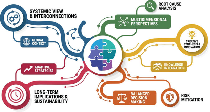 Systems thinking infographic with human brain puzzle, multidimensional perspective mind map, strategic decision making and root cause analysis vector