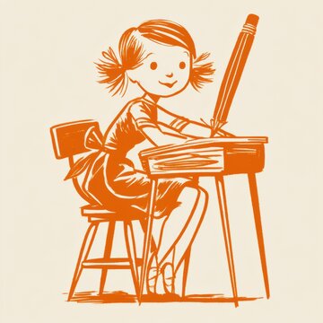 Girl with pigtails works at a vintage desk writing with a large pencil in a warm amber toned setting reminiscent of a 1950s classroom.