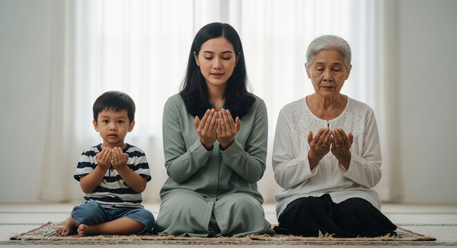 Asian Muslim family with grandmother, mother and little son praying together at home, sitting on rug with hands raised in supplication for Dua.