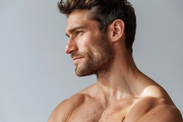 Naklejka premium Handsome bearded man shoulder focus natural window light contemplative expression
