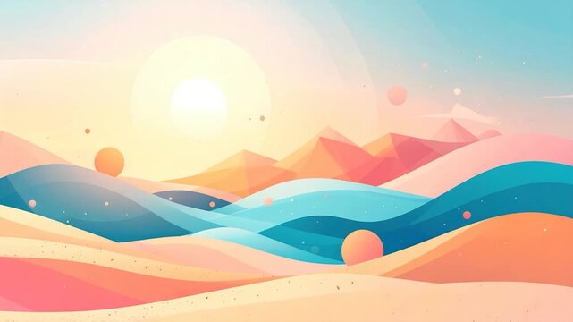 Abstract landscape of waves and mountains with soft gradient colors and sun