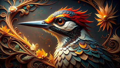 Fototapeta premium Vibrant woodpecker portrait with intricate floral elements and ornate design