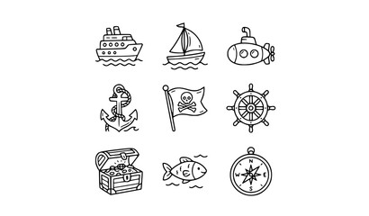 Minimal Maritime Doodle Icon Pack with Sailboat Submarine and Ocean Navigation Symbols Vector © MdSakib