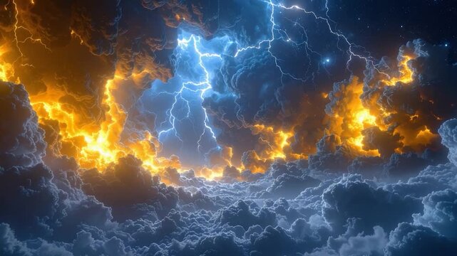 Dramatic sky with lightning illuminating fiery clouds. Stormy and ethereal
