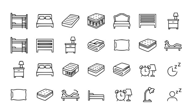 Bedroom furniture icons vector thin line mattress bed pillow set