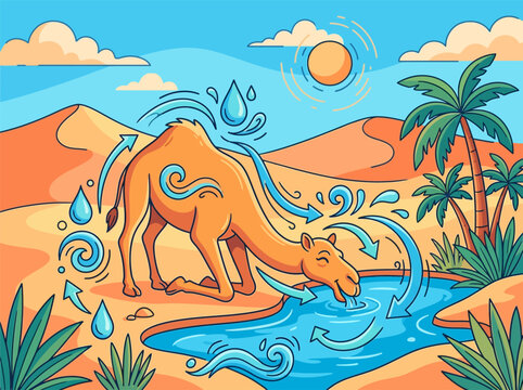 Colorful cartoon illustration of a camel drinking from an oasis in the desert with palm trees and sand dunes, featuring blue arrows and water droplets representing hydration.