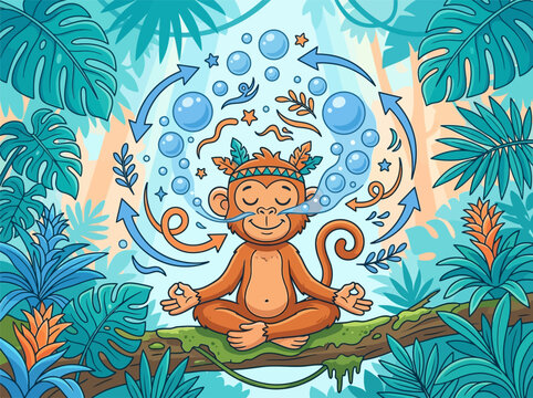 Playful vector doodle illustration of a brown monkey meditating in lotus pose on a mossy tree branch in a tropical jungle, with floating bubbles and blue circular energy arrows.