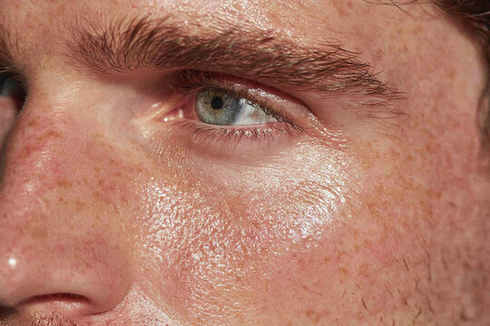 Very close portrait male face emphasizing glass skin ddc db b, freckled skin and blue eye with natural eyebrow detail in warm light conveying calm expression
