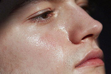 Naklejka premium Luminous hydrated male face closeup with dewy skin, visible pores and subtle facial hair highlighting texture and natural complexion