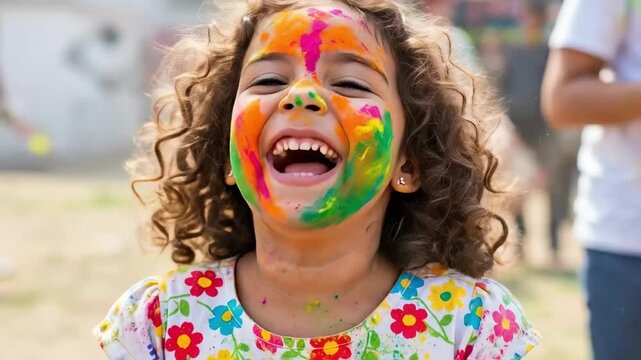 Happy young girl with curly hair covered in colorful powder paint smiling with hands raised, celebrating spring festival, concept of childhood joy, creativity and fun